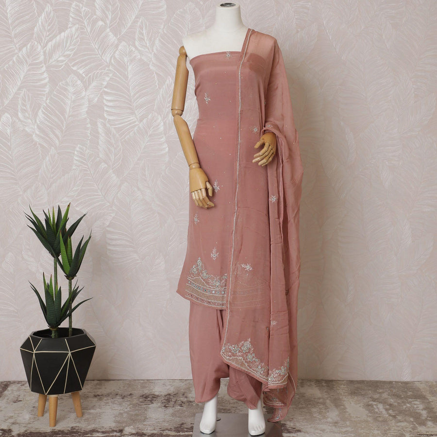 Rose pink Premium pure silk crepe kameez with bead work, sequin work and stone work in floral design. Rose pink plain salwar with same tone chiffon dupatta with same tone embroidery and bead work-D15580