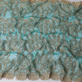 Pine green nylon tulle fabric with gold embroidery having stone work in floral design-D11738 Regal Fabrics
