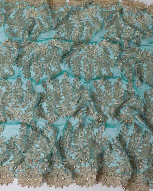 Pine green nylon tulle fabric with gold embroidery having stone work in floral design-D11738 Regal Fabrics