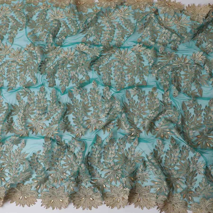 Pine green nylon tulle fabric with gold embroidery having stone work in floral design-D11738 Regal Fabrics