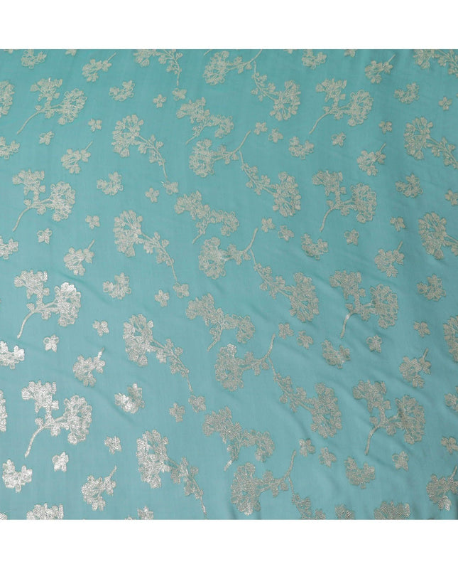 قماش غارباسار من الشيفون الحريري الخالص باللون الأزرق المخضر مع اللوريكس المعدني الذهبي بتصميم الأزهار-D12409