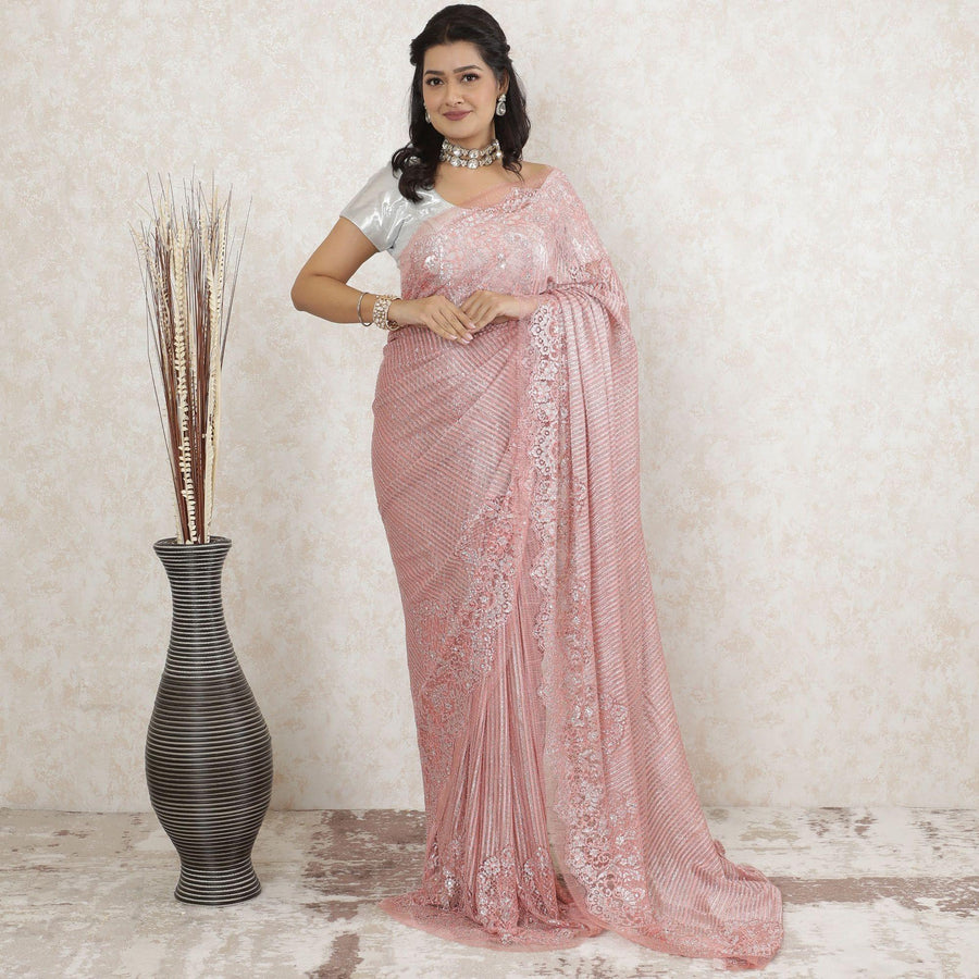 Salmon Peach Premium Pure metallic French chantilly lace saree having stone work in stripe design-D13467