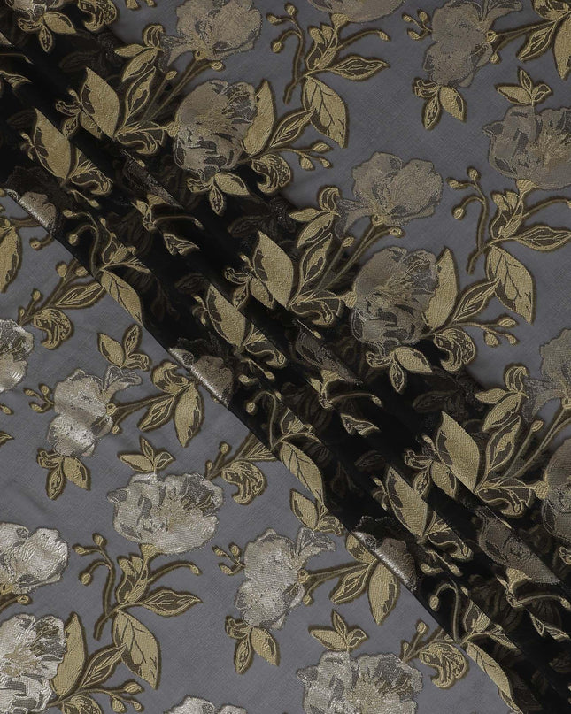 Black Premium pure French (Fransawi) silk chiffon fabric with gold viscose having metallic lurex in floral design-D15635