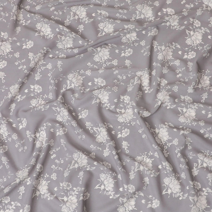 Steel grey cotton voile fabric with beige print in floral design-D15156 Regal Fabrics