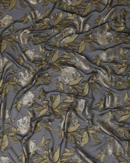 Black Premium pure French (Fransawi) silk chiffon fabric with gold viscose having metallic lurex in floral design-D15635