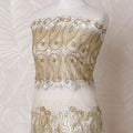 Gold nylon tulle fabric with same tone, silver embroidery having stone work in fancy design-D14707