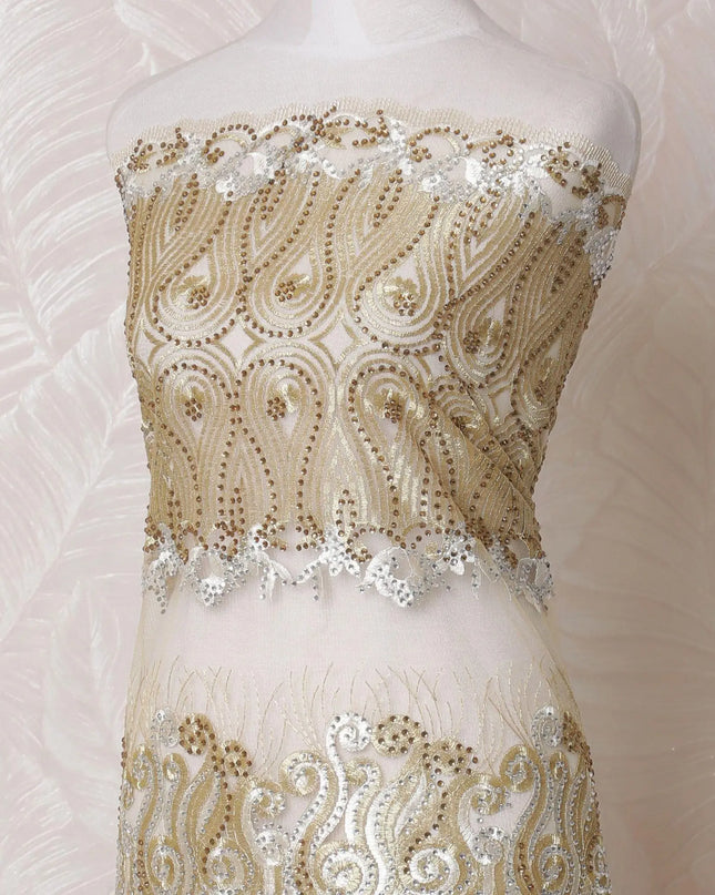 Gold nylon tulle fabric with same tone, silver embroidery having stone work in fancy design-D14707 Regal Fabrics