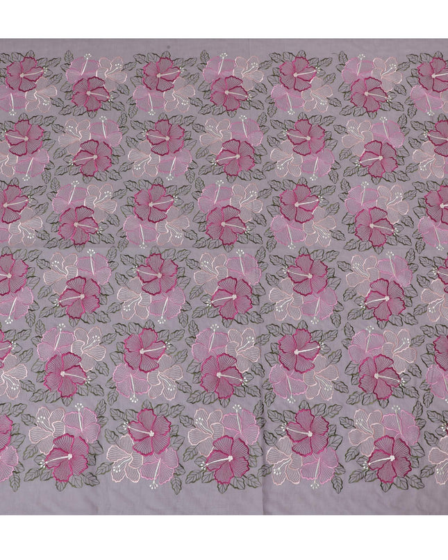 Light lavender Premium pure cotton voile fabric with magenta pink, oliv egreen, light pink and beige embroidery in floral design-D15249