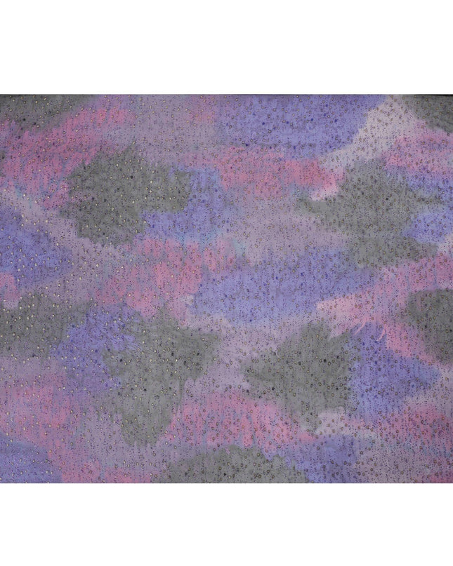 Heart purple, Royal blue silk chiffon fabric with purple glitter and gold metallic lurex in fancy design