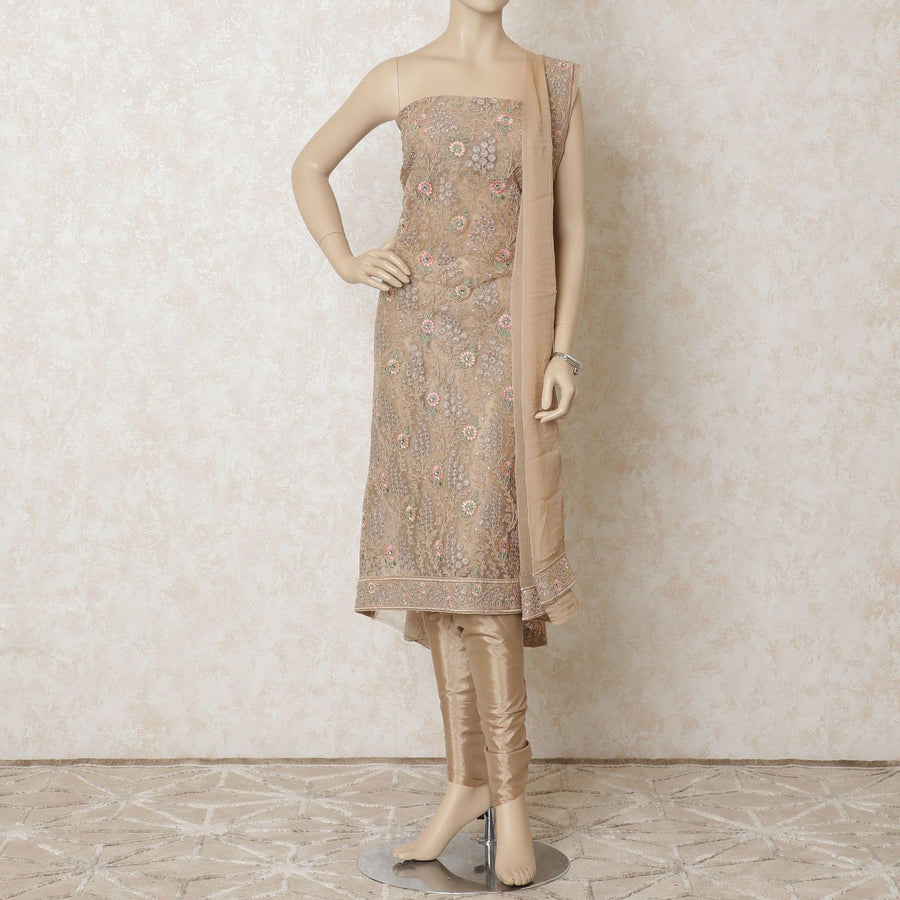 Beige nylon tulle Kameez with same tone, baby pink and sage green embroidery having bead work in floral design. Beige plain salwar having same tone wrinkle chiffon dupatta-D9981