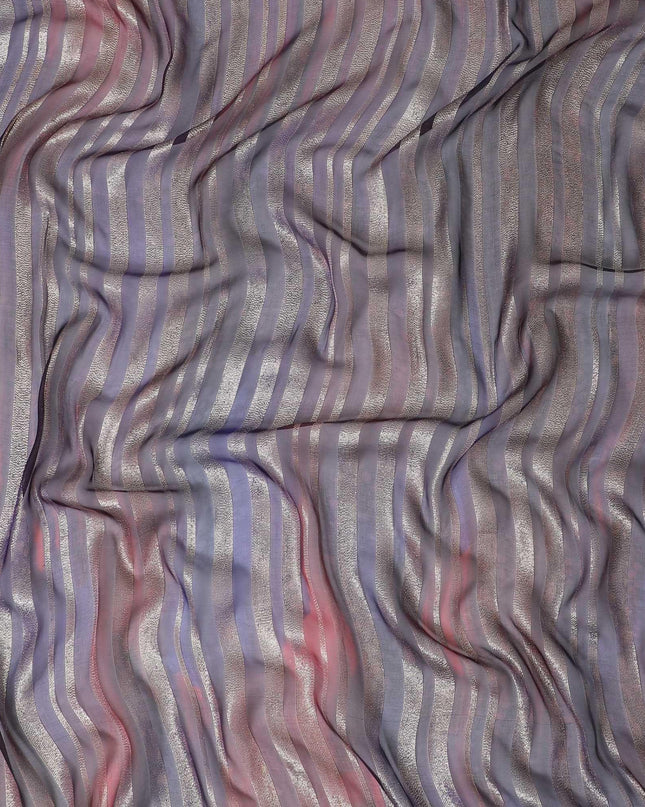 قماش شيفون حريري فاخر مطبوع يدويًا متعدد الألوان مع لوركس معدني ذهبي بتصميم مخطط-D12396