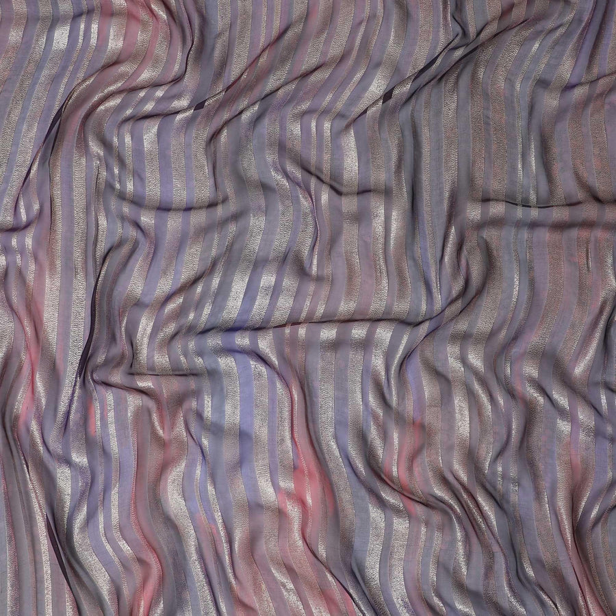 قماش شيفون حريري فاخر مطبوع يدويًا متعدد الألوان مع لوركس معدني ذهبي بتصميم مخطط-D12396