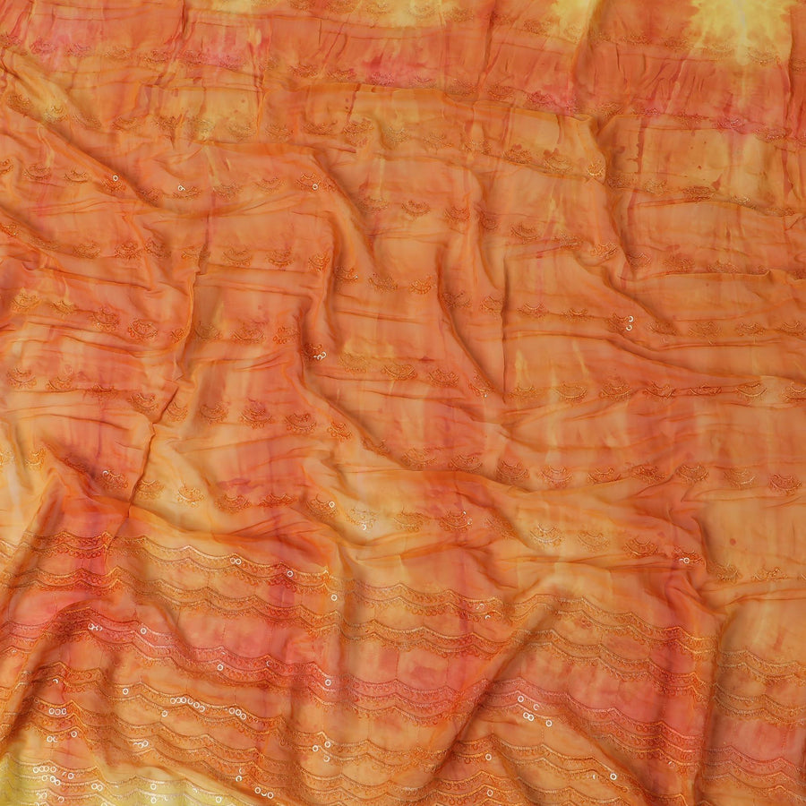 Tangerine orange & light yellow synthetic chiffon fabric with transparent sequins and embroidery in abstract design