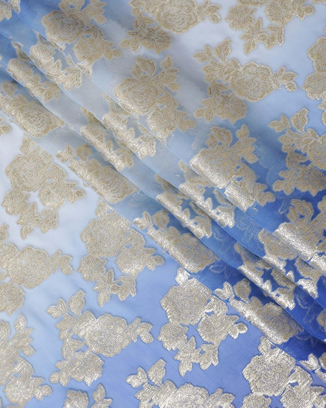قماش شيفون حريري خالص فاخر من الأزرق الملكي إلى الأزرق الفاتح مع لوركس معدني ذهبي بتصميم زهور-D10616