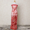 Scarlet red nyon tulle fabric with same tone, beige embroidery, floral petals and stone work in floral design-D11999