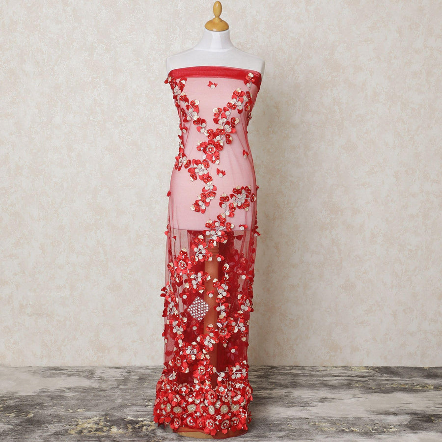 Scarlet red nyon tulle fabric with same tone, beige embroidery, floral petals and stone work in floral design-D11999