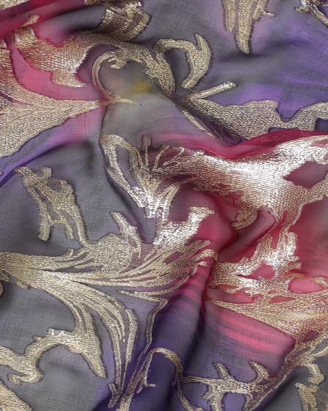 شيفون من الحرير الخالص متعدد الألوان مع لوريكس معدني ذهبي بتصميم أوراق الشجر -D11383