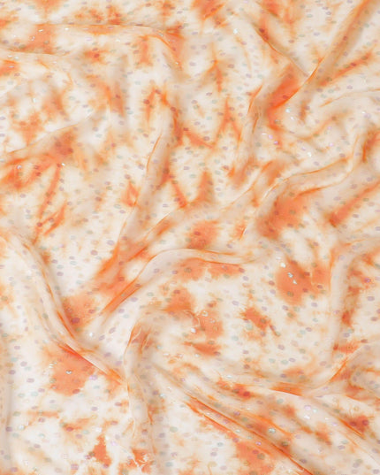 Melon orange premium pure silk chiffon fabric with multicolor metallic lurex in dot design-D10418