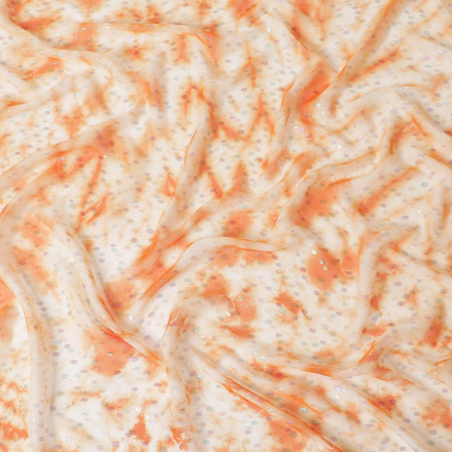 Melon orange premium pure silk chiffon fabric with multicolor metallic lurex in dot design-D10418