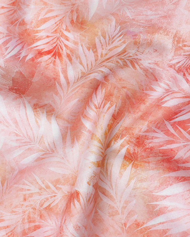 Salmon peach cotton satin fabric with off white print in Leaf design-D11913 Regal Fabrics