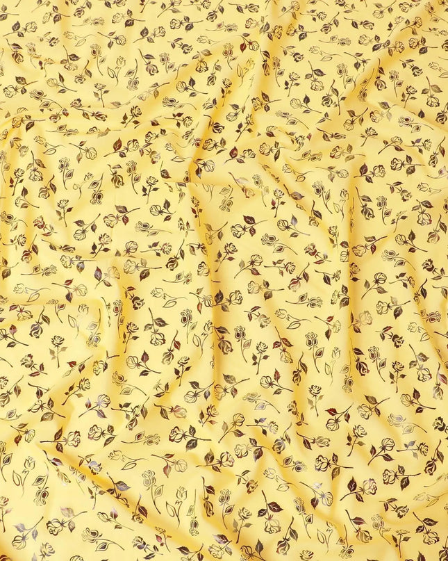 Sun flower yellow cotton voile fabric with black and olive green metallic foil print in floral design-D9784 Regal Fabrics