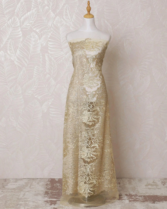 Gold nylon tulle fabric with same tone embroidery having stone work in fancy design-D14746 Regal Fabrics