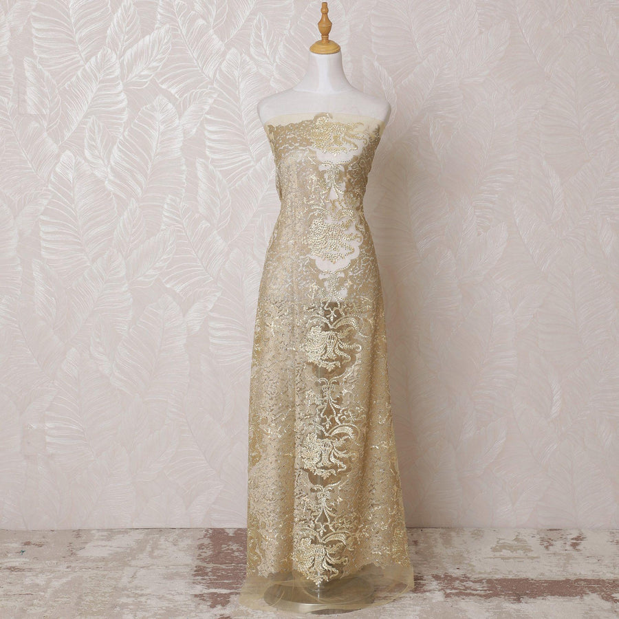 Gold nylon tulle fabric with same tone embroidery having stone work in fancy design-D14746