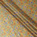 Honey yellow silk satin fabric with green, orange & violet prints in floral design-D11143