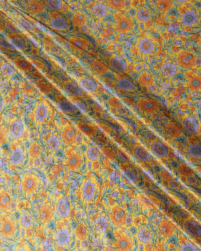 Honey yellow silk satin fabric with green, orange & violet prints in floral design-D11143