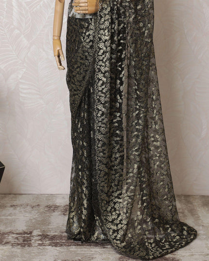 Black, gold Premium pure French metallic chantilly lace saree in butterfly design-D15545