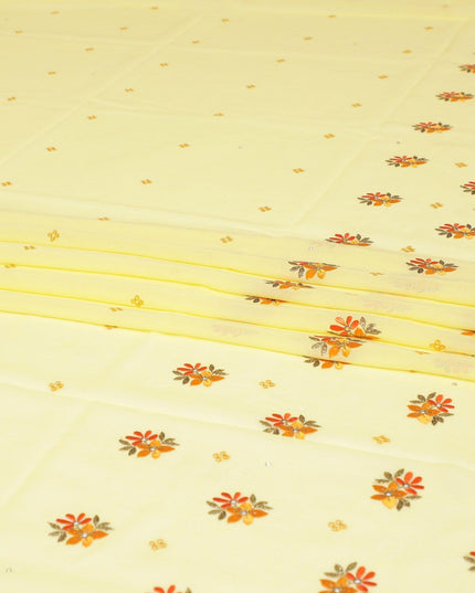 قماش الفوال القطني السويسري الفاخر (الثوب) باللون الأصفر الليموني مع تطريز برتقالي وذهبي وأصفر خردل مع أعمال حجرية بتصميم الأزهار -D7998