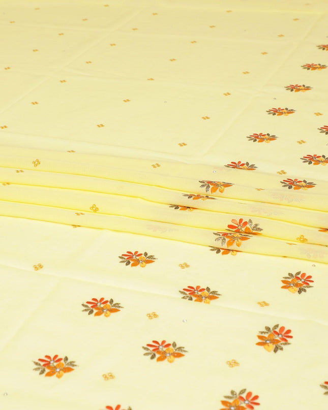 قماش الفوال القطني السويسري الفاخر (الثوب) باللون الأصفر الليموني مع تطريز برتقالي وذهبي وأصفر خردل مع أعمال حجرية بتصميم الأزهار -D7998