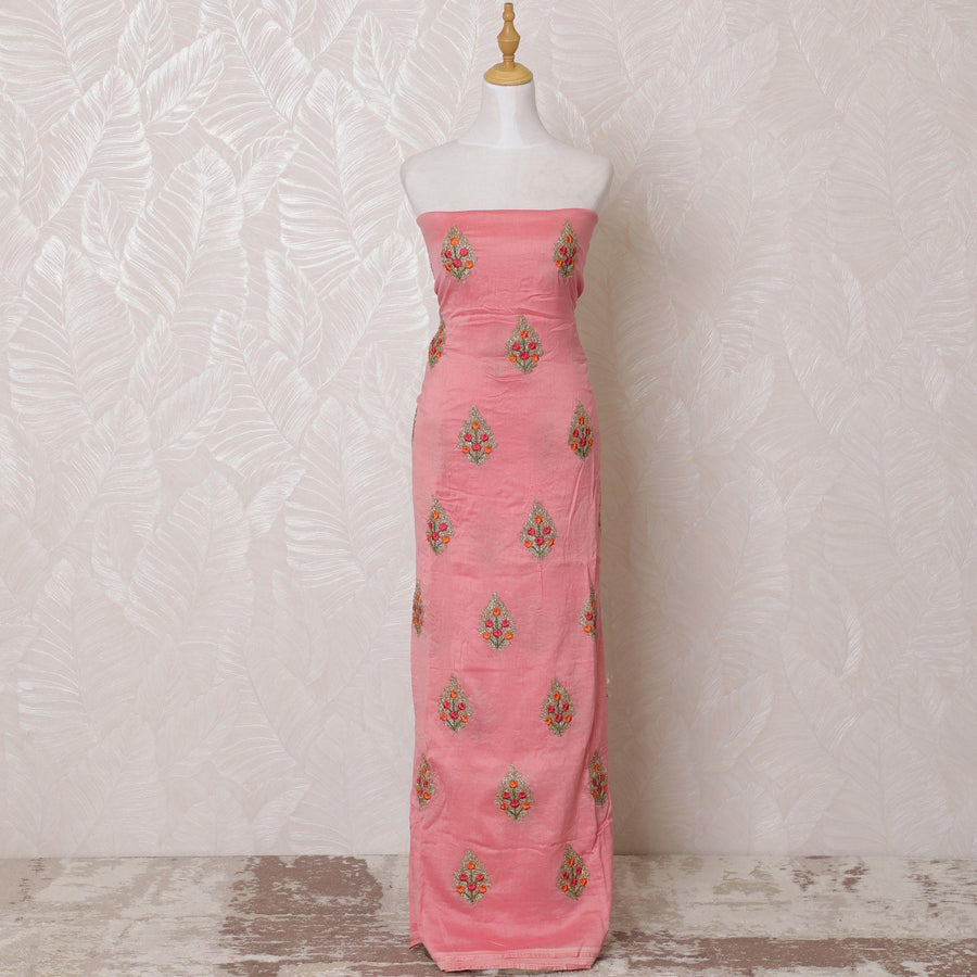 قماش قطني مخلوط باللون الوردي السلمون مع تطريز متعدد الألوان بتصميم الأزهار-D15079