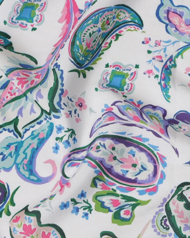 Off white synthetic crepe fabric with multicolor print in floral design-D15030 Regal Fabrics