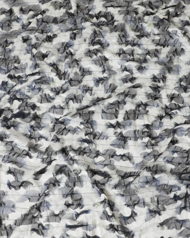 Cream, grey synthetic chiffon fabric with same tone and black patchwork in fancy design-D11706 Regal Fabrics