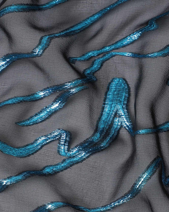 Black Premium pure silk chiffon with blue metallic lurex in abstract design-D11363