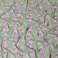 Sage green Premium pure cotton voile fabric with same tone, purple and beige embroidery in floral design-D15239