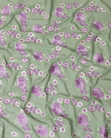 Sage green Premium pure cotton voile fabric with same tone, purple and beige embroidery in floral design-D15239