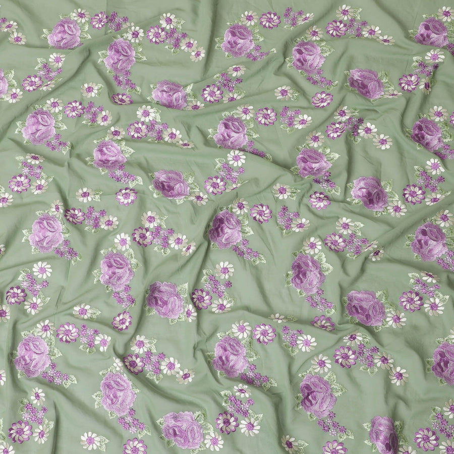Sage green Premium pure cotton voile fabric with same tone, purple and beige embroidery in floral design-D15239