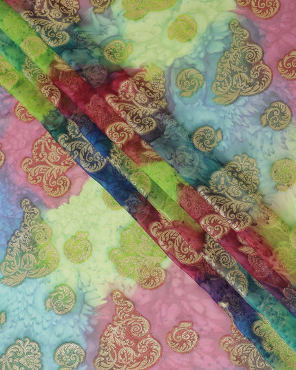 قماش شيفون حريري فرنسي (فرنساوي) فاخر متعدد الألوان مع لوركس معدني ذهبي بتصميم زهور-D14014