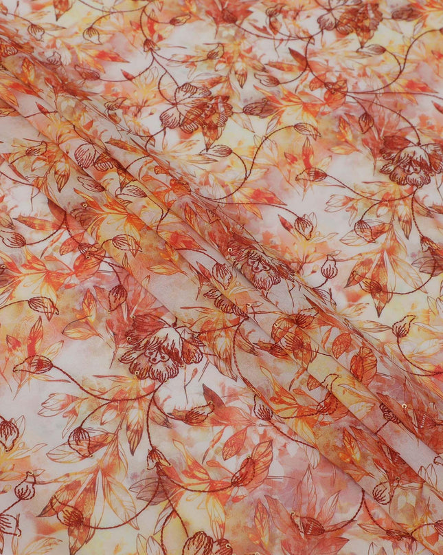 Off white Premium pure cotton voile fabric with crimson red embroidery having multicolor print in Leaf design-D13244