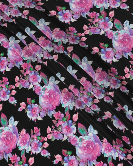 Black viscose fabric with multicolor print in floral design-D12263