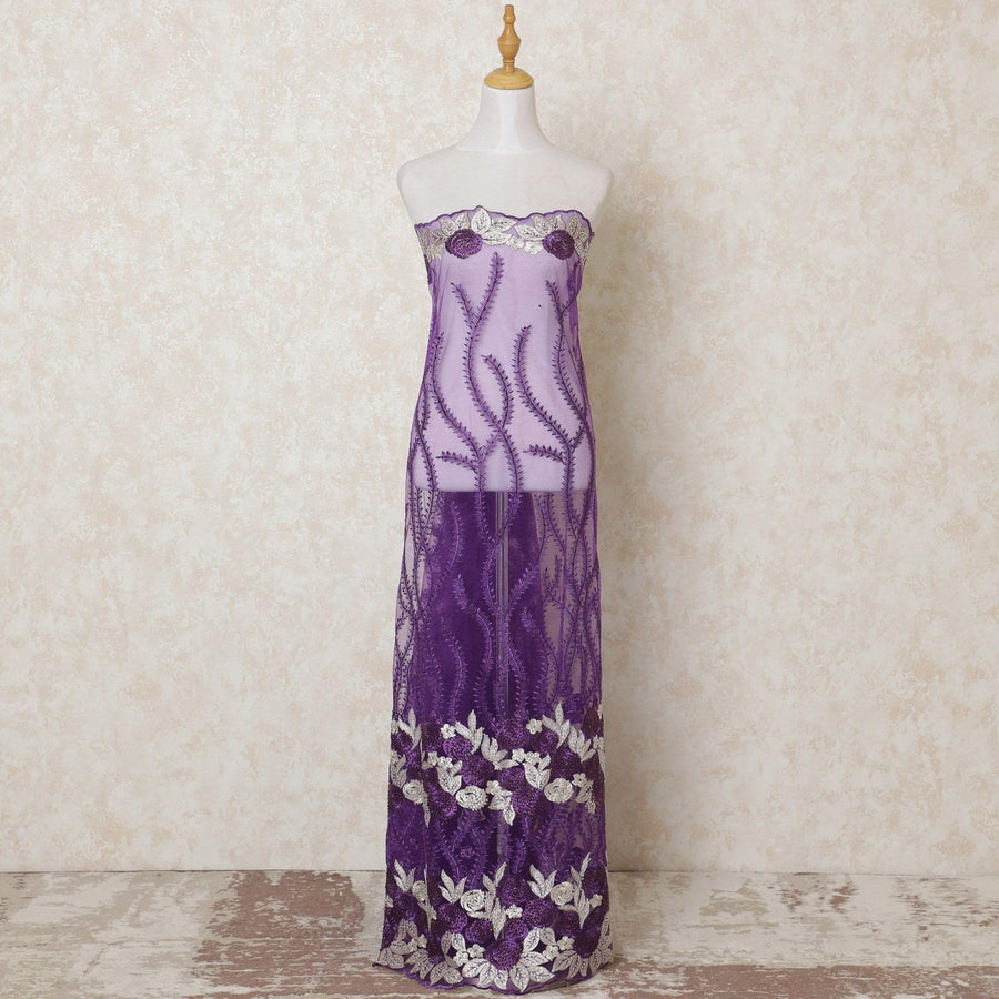 Purple nylon tulle fabric with same tone and beige embroidery having stone work in fancy design-D13925