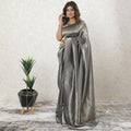 Navy blue plain Premium French lame Saree with gold foil finish-D9566