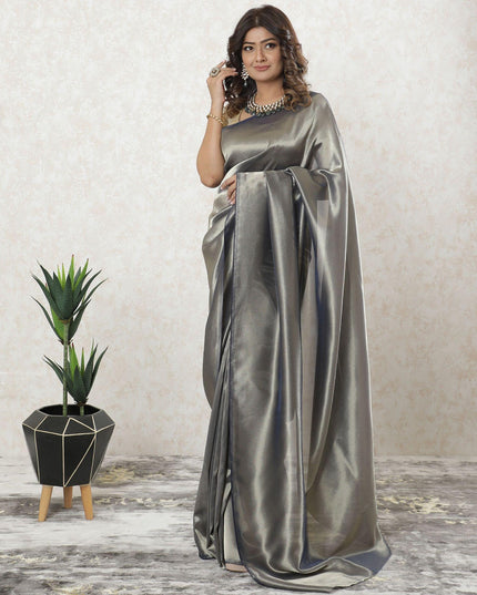 Navy blue plain Premium French lame Saree with gold foil finish-D9566