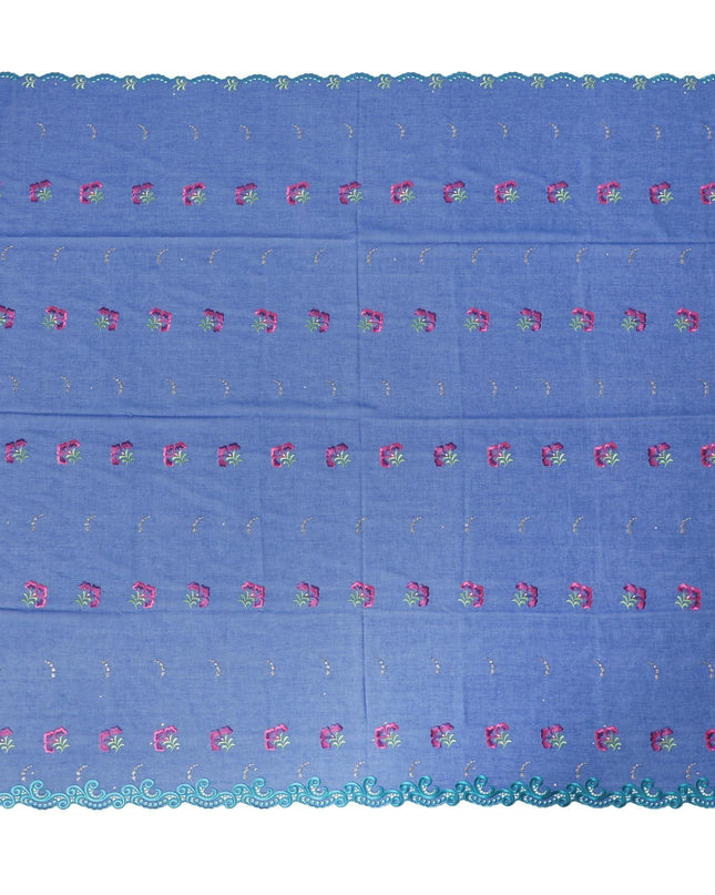 قماش فوال من القطن السويسري باللون الأزرق الملكي مع تطريز معدني باللون الأخضر الزيتوني والوردي الساخن والأرجواني والأزرق الفيروزي والفضي بتصميم الأزهار مع أعمال حجرية-D6392