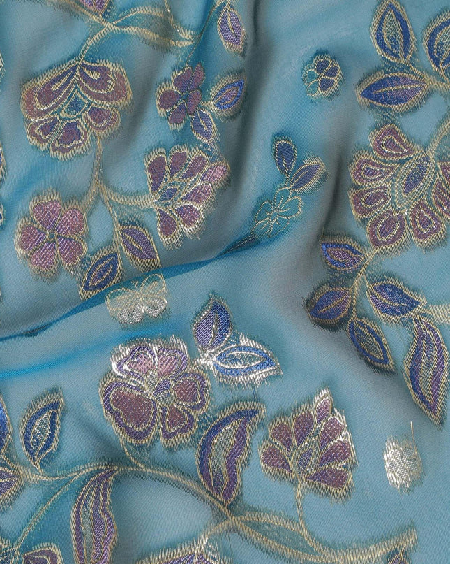 قماش شيفون من الحرير الخالص باللون الأزرق البترولي مع الفيسكوز الأرجواني والأزرق مع اللوريكس المعدني الذهبي بتصميم الأزهار - D14125