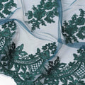 Petrol blue nylon tulle fabric with bottle green embroidery in floral design-D6686
