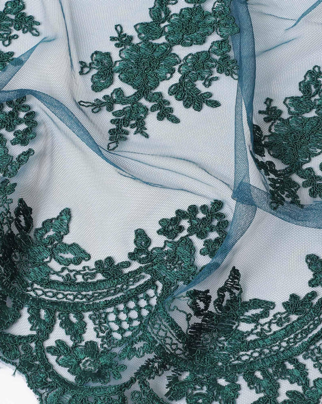 Petrol blue nylon tulle fabric with bottle green embroidery in floral design-D6686 Regal Fabrics