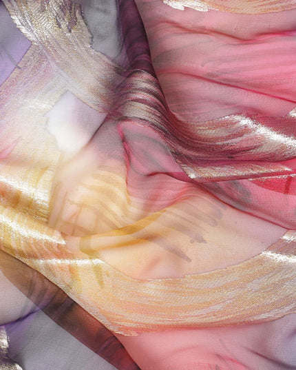 Multicolor Premium pure silk chiffon fabric with gold metallic lurex in abstract design-D9693